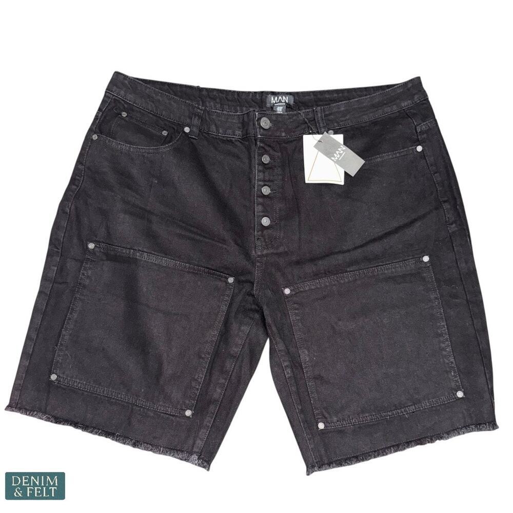 NEW boohooMAN Plus Black Carpenter Shorts Men’s Relaxed Fit‎ Washed Cotton Twill